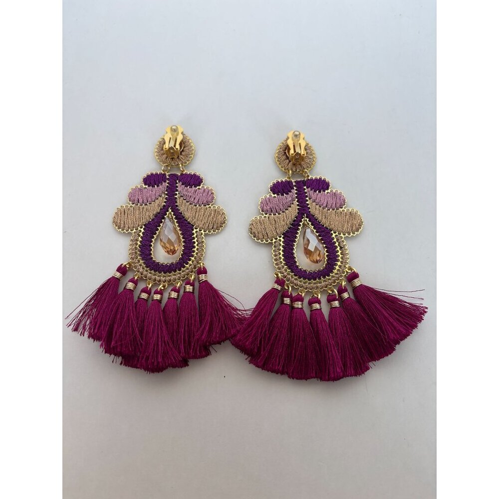 Mercedes Salazar Curubas Drop Earrings Burgundy Tassel Trim Bohemian Clip On - Picture 5 of 9